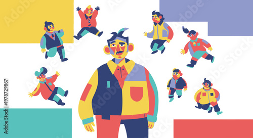 Colorful illustration of a man surrounded by smaller versions of himself