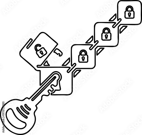 Digital asset security icon with key and chain of blocks for blockchain and data protection