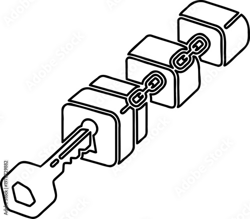 Isometric blockchain encryption icon with key and connected data cubes for digital security