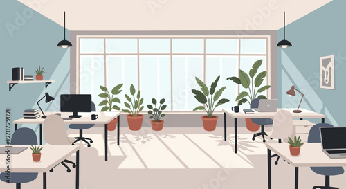 Modern office space with plants and desks