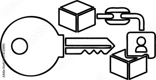 User identity blockchain icon with key and linked data cubes for secure profile verification