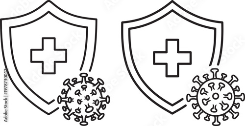 Shield with medical cross and virus icon line art white background icon set protection bacteria security illustration healthcare antibody quarantine prevention pandemic microbiology