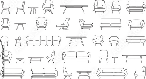 Modern furniture line art icons collection with minimalist sofa chair and table set vector illustration on transparent background drawing.