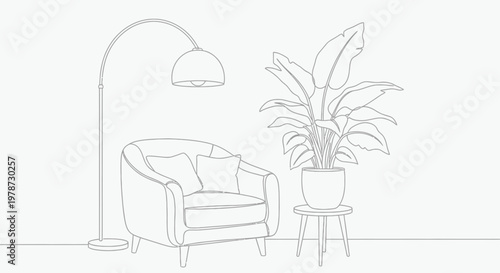 A minimalist line drawing depicts a comfortable armchair floor lamp and a large leafy plant