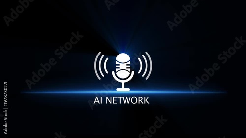 AI Network Microphone Icon with Light Rays and Blue Glow