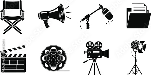 Filmmaking equipment icons a collection of essential tools for movie production and audio recording