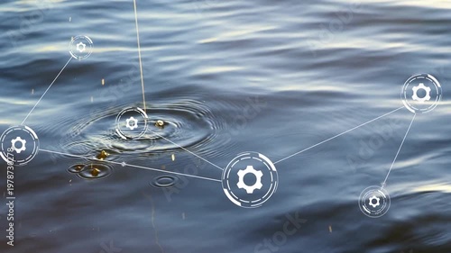 Water showing ripples on lake, fishing line yellow-green lure, rod-tip making splashes, HUD gears