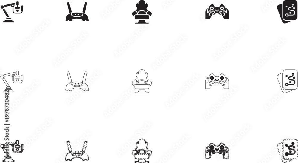 Fototapeta premium Set of minimalist computer gaming icons representing desk accessories and gaming gear for digital design projects, UI, and website elements.