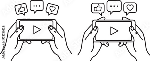 Hands holding smartphones displaying player with social media likes and comments online video play button speech bubbles smartphone watching comments application streaming communication