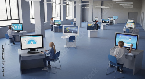 Modern office workspace with coworkers using computers