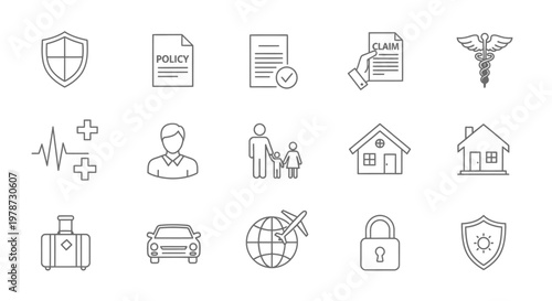 Healthcare travel and home protection icons in a simple line style silhouette