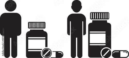 People icons next to medication bottles and pills with pain relief health care health product medical product health treatment health support patient care health assistance health aid