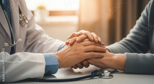 A doctor and patient share a comforting handhold during a medical consultation with a stethoscope.