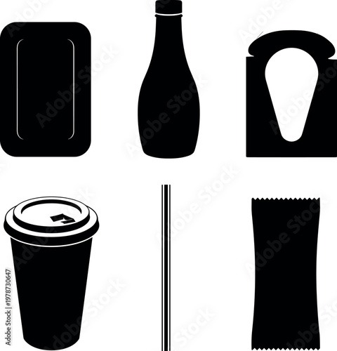 Set of black silhouettes of common singleuse plastic waste items including bottle, cup, straw and packaging