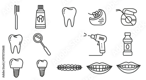 Dental hygiene icons including tools teeth and mouth linear silhouette