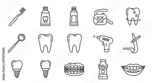 Dental hygiene icons illustrating tools teeth and oral care silhouette
