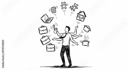 Multitasking businessman with many tasks