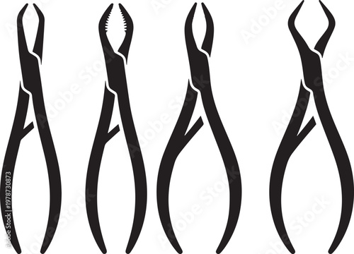 Set of four dental extraction forceps with dental care dental instrument medical tool surgical instrument black and white dental technician extraction dentistry instruments equipment