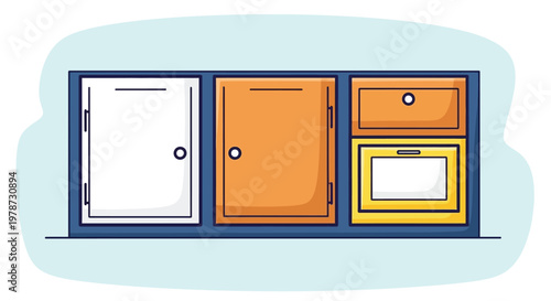 A cartoon illustration depicts a set of kitchen cabinets with varying colors and designs