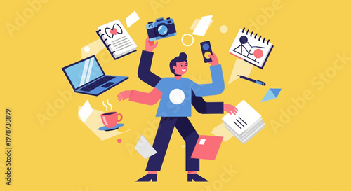 Multitasking businessman with various devices and objects