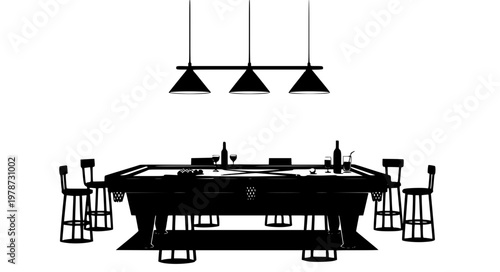 Billiards Bar Scene Vector – Pool Table with Drinks Silhouette