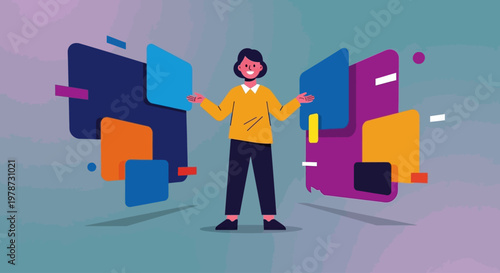 Confused woman surrounded by colorful puzzle pieces