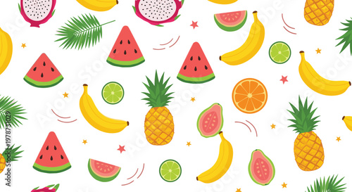Colorful Seamless Pattern Featuring Tropical Fruits Like Watermelon Pineapple Banana Dragon Fruit and Orange Slices On White Background