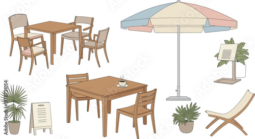 Outdoor Cafe Furniture Vector Set Including Wooden Tables Chairs Patio Umbrella Potted Plants Menu Stand and Summer Terrace Elements
