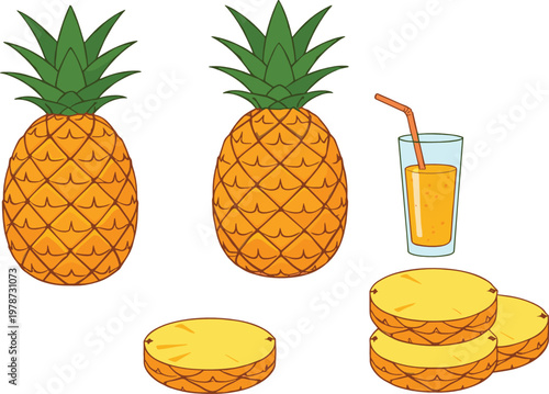 Fresh Whole Pineapple Fruit With Slices and Glass of Healthy Juice Vector Illustration Set Isolated On White Background