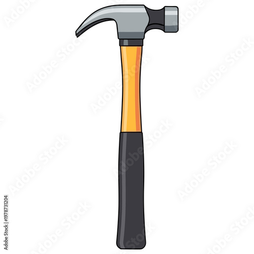 A hammer with a yellow and black handle sits on a plain surface.