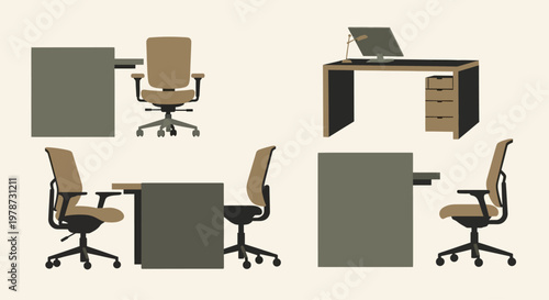 Office furniture set with desks and chairs