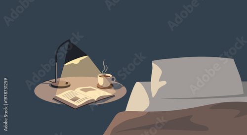 Cozy bedroom with cup of coffee and book on a side table