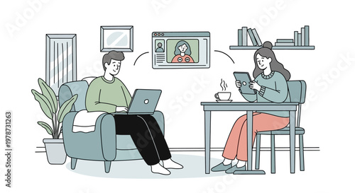 Couple working from home on laptop and tablet