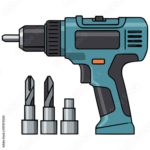 An electric drill with various bits on a white background