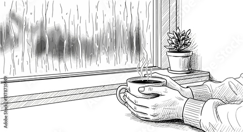 Cozy morning with steaming cup of coffee by the window on rainy day