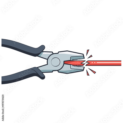 A pair of pliers cuts through a red electrical wire with sparks.