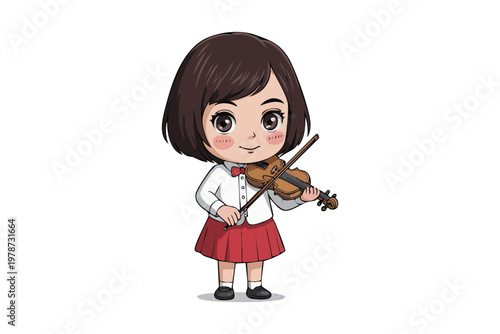 Cute Chibi Girl Playing Violin Vector Illustration in Anime Style Isolated on White.