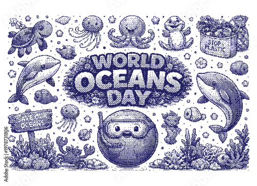 Vector art of world oceans day illustration with marine animals and pollution awareness
