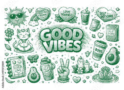 Vector art of green illustration with good vibes text and various positive selfcare symbols
