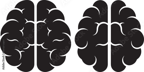 Two black silhouette brains top view with nervous system human body brain cells brain function white background brain anatomy brain icon medical icon science icon mind icon thinking icon