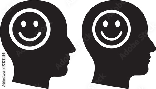Two heads with happy face icons inside black and white well being mental health face icon smile icon mind icon thought icon feeling icon psychology icon human silhouette human head