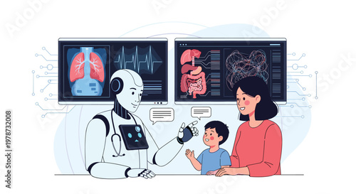 Futuristic robotic doctor uses advanced technology to consult with a mother and her young son about health and medical imaging results.