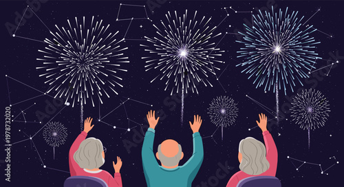 Group of elderly friends watch a spectacular fireworks display illuminating the dark night sky filled with stars and constellations together.