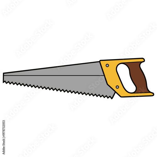 A hand saw with a yellow and brown handle is shown.