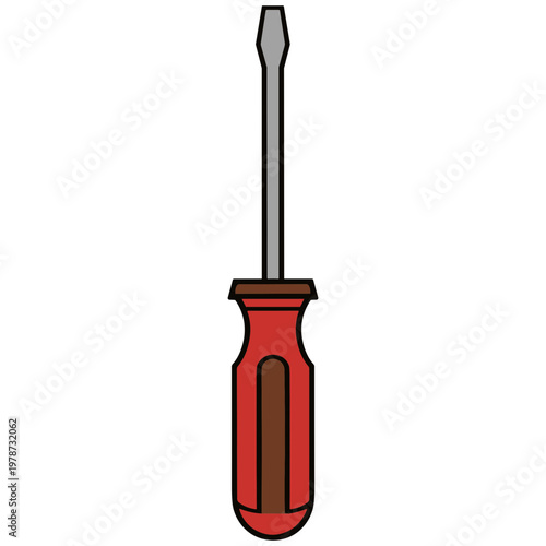 A red handled screwdriver with a metal shaft is displayed upright.