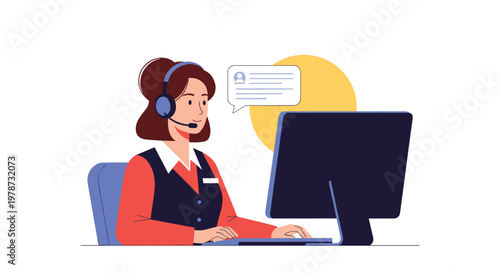 Professional female customer support agent wearing a headset while working on a computer and managing digital communication.