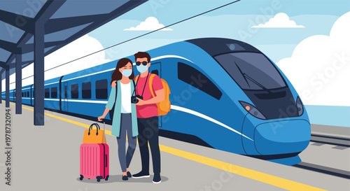Young couple wearing protective face masks and carrying luggage while waiting at a modern railway station for their train travel.
