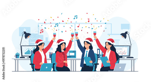Group of female coworkers wearing Santa hats and toasting with drinks to celebrate the holiday season in a modern office.