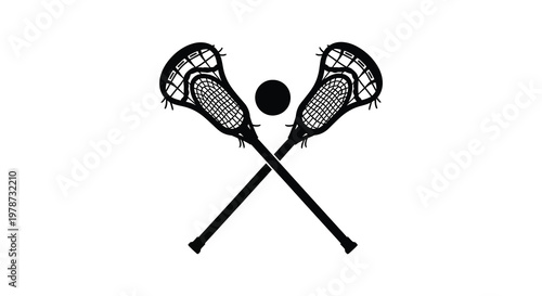 Two crossed lacrosse sticks flank a dark sphere creating a striking visual composition a silhouette high quality professional