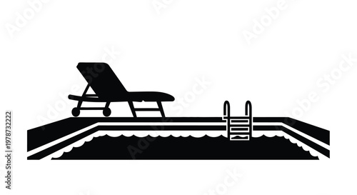 Black and white illustration of a swimming pool with a lounge chair